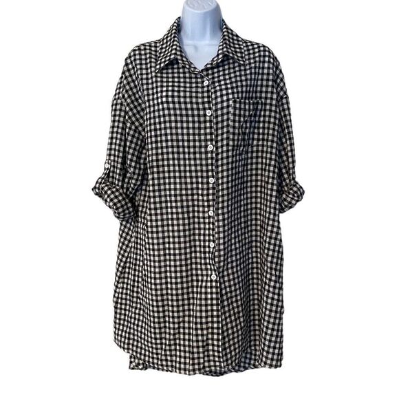 Love Culture Black and White Checked Buttoned Down Oversized Long Top - Picture 1 of 7